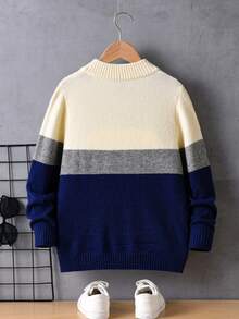 Tween Boys' Collegiate Striped Half-Zip Sweater, Small Stand Collar Knit Pullover Long Sleeve, Suitable For School, Everyday Wear, Spring, Autumn, Winter