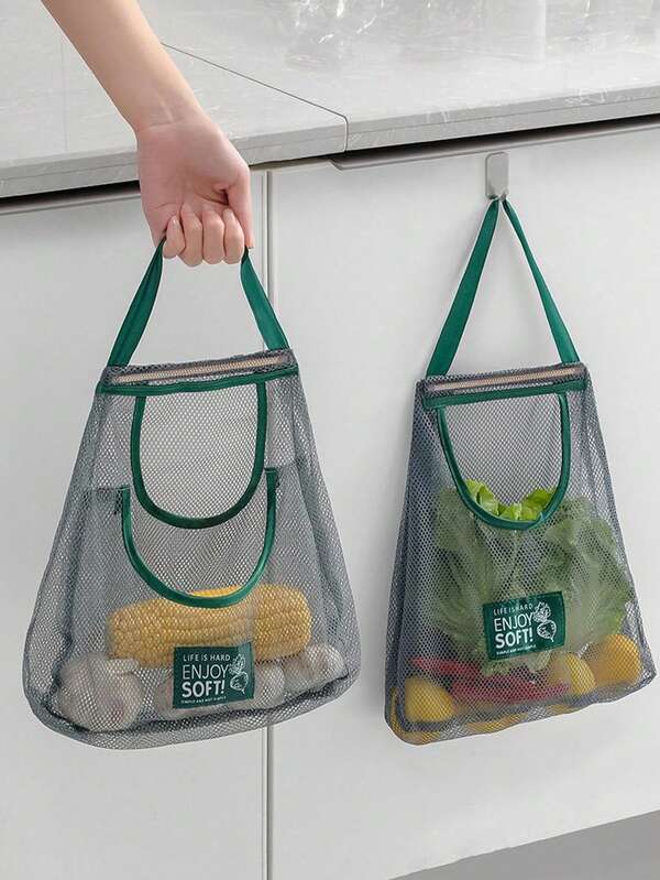 قطعة واحدة شبكية قابلة لإعادة الاستخدام للتثبيت على الحائط، حقيبة شبكية قوية ومتينة للفاكهة والخضروات، سلة فاكهة قابلة للغسيل للثوم والبطاطس والبصل أو تخزين الأطعمة، حقيبة تخزين محمولة يدويًا مجوفة وقابلة للتهوية