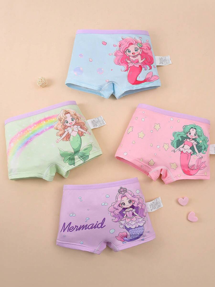 4pcs/Pack Girls' Cute Mermaid Pattern Contrast Color Comfortable Briefs, Suitable For Toddlers & Little Young Girl - Multicolor - View 1