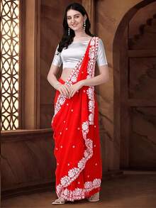 Women's Georgette Embroidery Border Work Designer Saree With Blouse Piece(Red) - Red - View 6