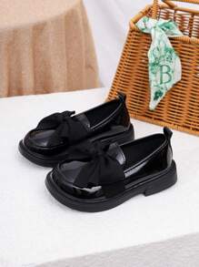 Girls' Bowknot Leather School Shoes, Children Princess Shoes, British Style Black Flats, Soft Sole Student Performance Shoes