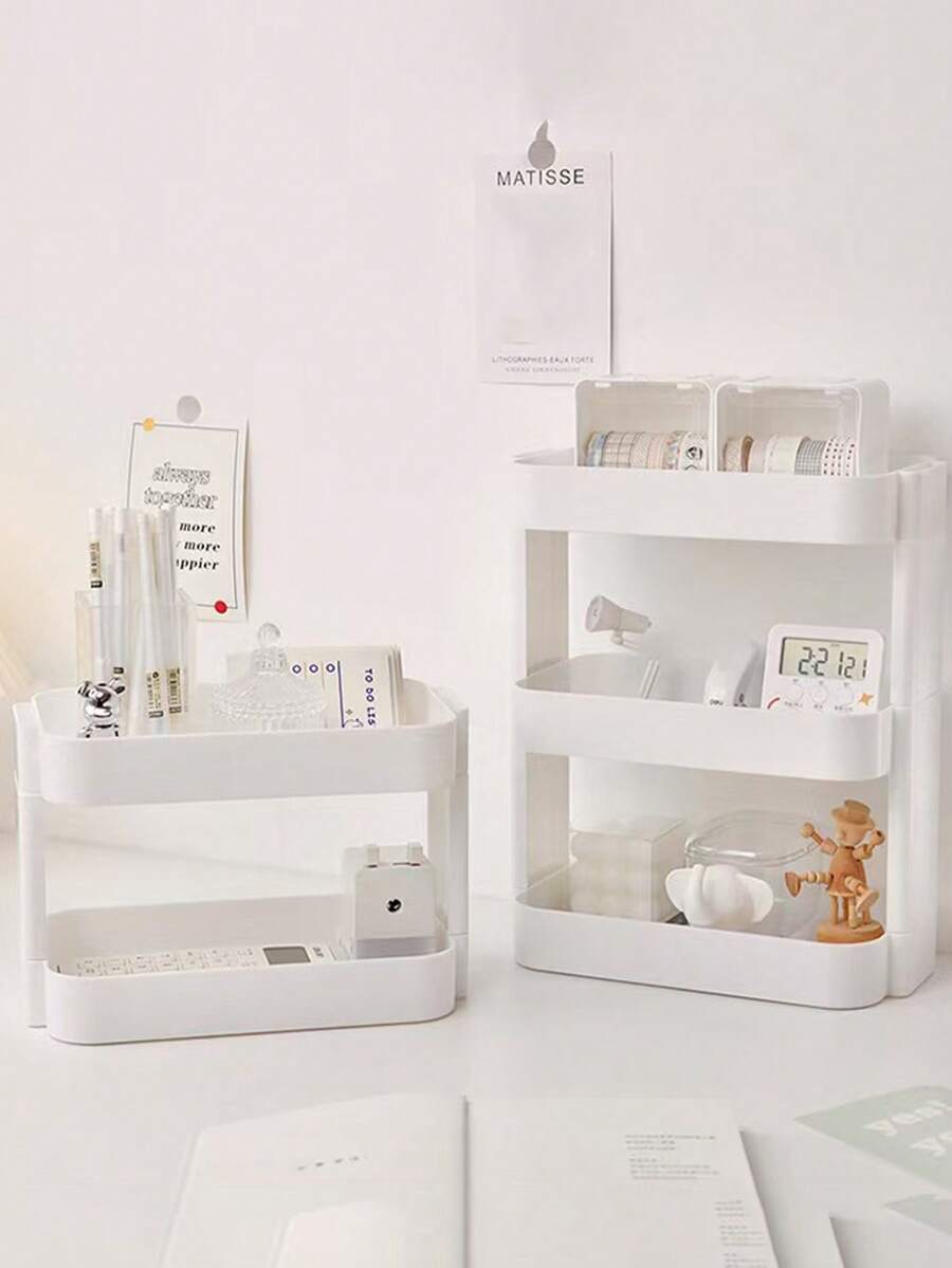 1pc Desktop Organizer Rack, Multi-Layer Storage Shelf, Bedside Bookshelf, Student Desk Office Computer Desk Organizer, Cosmetic Display Rack, Suitable For Dorm, Bathroom, Kitchen, Bedroom, Desk Organizer, Office Desk Storage Box, Cosmetic Storage Box, Organizer And Storage - 白色 - 查看 1