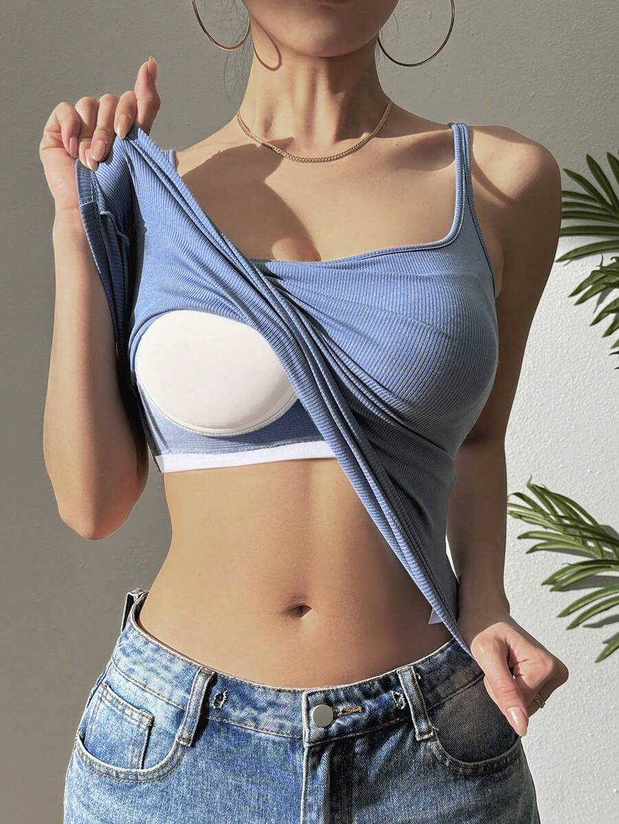 Áo hai dây dệt kim màu trắng dành cho nữ, cổ vuông, hở lưng, mỏng, có áo ngực, kiểu dáng tối giản thời trang, thoải mái, thích hợp mặc ở nhà hoặc dự tiệc, màu xanh nhạt. - Màu xanh lam - Xem 1