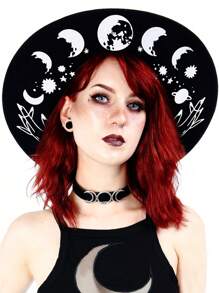 BREITER 1 件女式 Y2K 复古哥特式女巫帽,黑色印花涤纶毡帽,带有精致五角星和蕾丝花边,适合万圣节、圣诞节、化妆舞会、节日礼物 - 平簷禮帽 - 查看 25