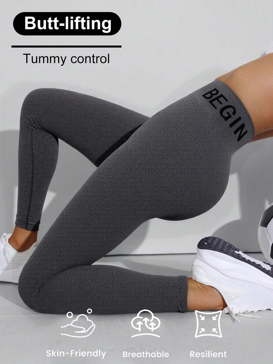 1pc Women'S High Waist Letter Print Yoga Pants Stretchy Breathable Fabric Elastic Waistband Perfect For Fitness Yoga And Everyday Wear Fitness Leggings Highwaist Leggings - Grey - View 1