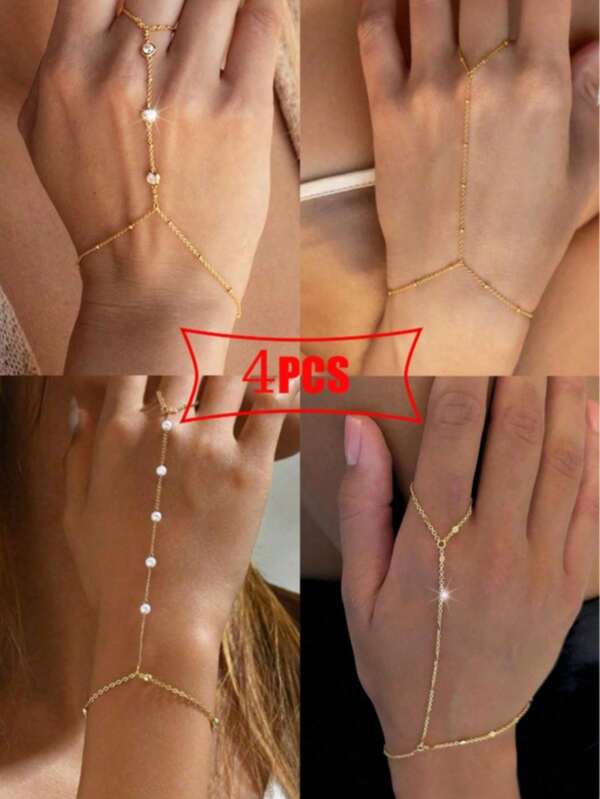4pcs Simple Crystal & Faux Pearl Finger Bracelet Set, Women Vacation, Date, Gift, Casual, Party Accessory