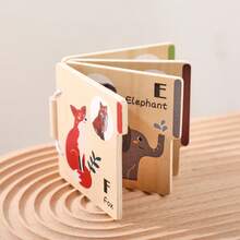 木制婴儿早教书，蒙特梭利早教，婴儿颜色和形状识别，翻页木制书玩具，动物早教卡 - 狐狸，鲸鱼，兔子，猫 - 彩色 - 查看 5