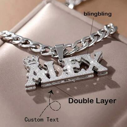 1 pieza Collar de doble capa con escarcha personalizado con nombre - Colgante brillante 3D de acero inoxidable color oro estilo hip hop, adecuado para niños, padres, parejas (Día del Padre, Graduación, Día de la Madre), accesorios para fiestas, estilo hip hop, artesanía exquisita, joyería de pareja, accesorios de moda, joyería, joyería de moda, regalo de graduación, organizador de viaje