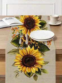 1 buc. Față de masă rustică cu model de floarea-soarelui - Design floral galben vibrant pe fundal bej, Material textil din poliester, Perfect pentru mese de sufragerie, măsuțe de cafea și decor pentru casă, Utilizare în toate anotimpurile, Decor de bucătărie cu model de floarea-soarelui (13x35.4/47.2/63/72/78.7 inci), Decor de toamnă, Decor de toamnă, Decor de cameră
