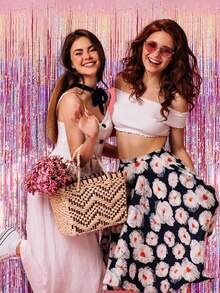 3pcs-Silver Foil Tassel Curtains Paired With A Pink, Shiny Metal Wire Background, Suitable ForDecorating Birthdays, Weddings, Parties, Disco Parties Themed Around The 70s, 80s And 90s, Bachelors' Parties And Rainbow Parties - Pink - View 5