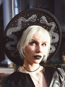 BREITER 1 件女式 Y2K 复古哥特式女巫帽,黑色印花涤纶毡帽,带有精致五角星和蕾丝花边,适合万圣节、圣诞节、化妆舞会、节日礼物 - 平簷禮帽 - 查看 5