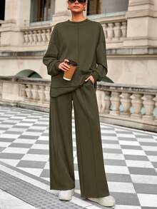 Women Fall 2 Piece Sweatsuit Set  Drawstring Wide Leg Jogger Sweatpants Loose Matching Lounge Sets Sport Airport Tracksuit Outfits - 軍綠色 - 查看 1