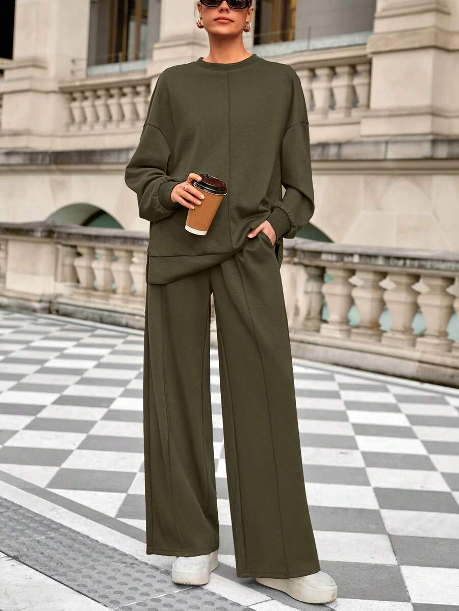 Women Fall 2 Piece Sweatsuit Set Drawstring Wide Leg Jogger Sweatpants Loose Matching Lounge Sets Sport Airport Tracksuit Outfits - 軍綠色 - 查看 1