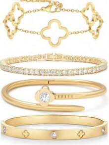 Modischer & eleganter Edelstahl Kleeblatt-Zirkonia-Blumen Armband, vielseitiges Schmuckzubehör für Frauen, geeignet für eleganten Alltag und Partys, ein ideales Geschenk