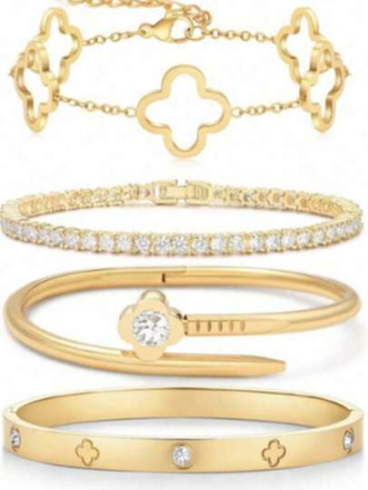 Modischer & eleganter Edelstahl Kleeblatt-Zirkonia-Blumen Armband, vielseitiges Schmuckzubehör für Frauen, geeignet für eleganten Alltag und Partys, ein ideales Geschenk