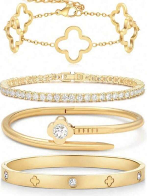 Modischer & eleganter Edelstahl Kleeblatt-Zirkonia-Blumen Armband, vielseitiges Schmuckzubehör für Frauen, geeignet für eleganten Alltag und Partys, ein ideales Geschenk