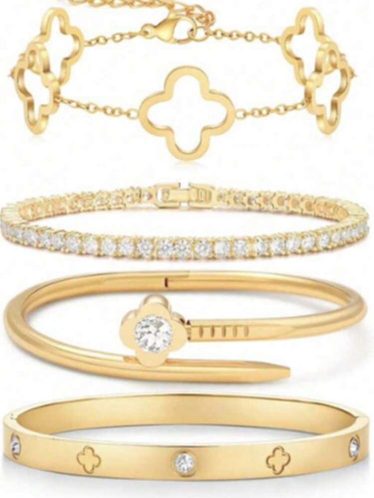 Braccialetto elegante e alla moda in acciaio inossidabile con quadrifoglio e fiore in zirconia, accessorio gioiello versatile per le donne, adatto per un uso elegante quotidiano e per le feste, un regalo ideale - Dorato - Visualizzare 1