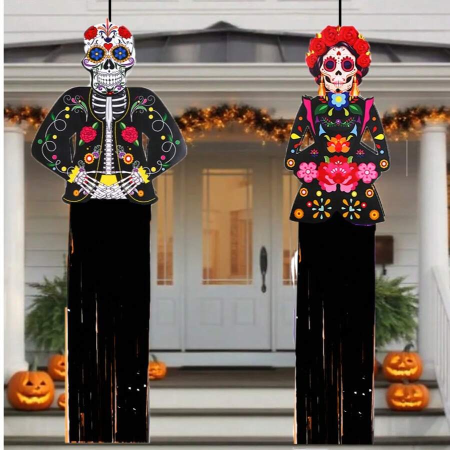 2pcs Mexican Day Of The Dead Skeleton Bride & Groom Paper Hanging Decor With Tassels, Halloween Holiday Home Garden Spooky Funny Decoration