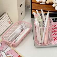 新款米色铁丝收纳篮笔筒多功能桌面整理盒办公用品学生课桌文具收纳小号收纳篮 - 彩色 - 查看 5