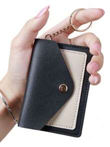 Pieru 3-Color Metal Button Card Holder | Multi-Card Layered Storage, Key Ring Design | Gold Keyring | Mini Wallet Purse, Black/Blue/Pink Pastel Colors | Portable Card Pouch