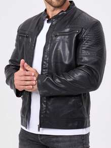 男士户外专业摩托车皮夹克，插肩袖机车夹克，PU 皮夹克，立领运动夹克，拉链口袋，黑色，适合秋冬，羊毛 - 黑色 - 查看 11