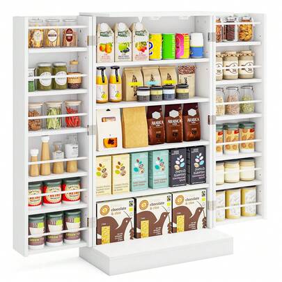  GOFLAME Pantry Cabinet, Kitchen Storage Cabinet With Doors & Adjustable Shelves, Freestanding Buffet Cupboard Sideboard For Dining Room Living Room, White