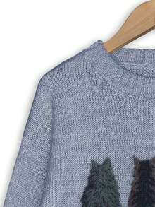 撞色猫咪印花宽松休闲针织套头毛衣 - 藍色 - 查看 6