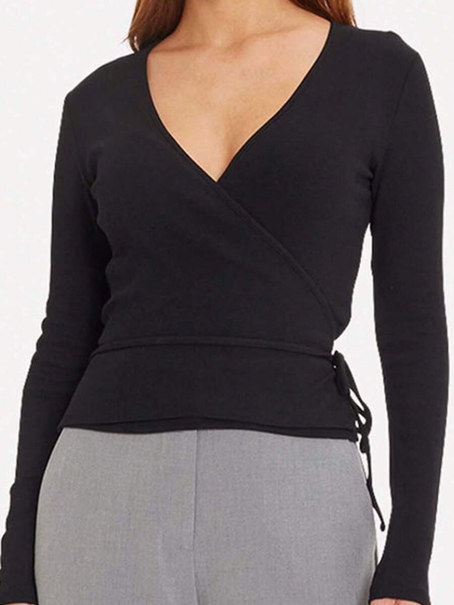 Womens Tie Side Tops Long Sleeve Deep V Neck Solid Color Slim Fit T-Shirts Workout Blouses - Black - View 1
