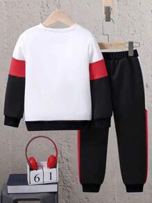 青少年男孩字母印花拼色圆领运动衫和运动裤套装，秋季