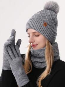 مجموعة قبعة وشاح وقفازات محبوكة مزدوجة الطبقة مبطنة بالحرارة للنساء، للاستخدام الخارجي والدراجات، قبعة محبوكة لتدفئة الرأس في فصل الشتاء، 3 قطع/مجموعة