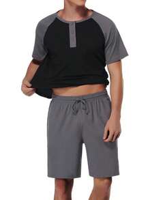 Men's Cotton Pajamas Sets V Neck Lounge Set Sleepwears With Pockethalloween - Black Color Block - View 9