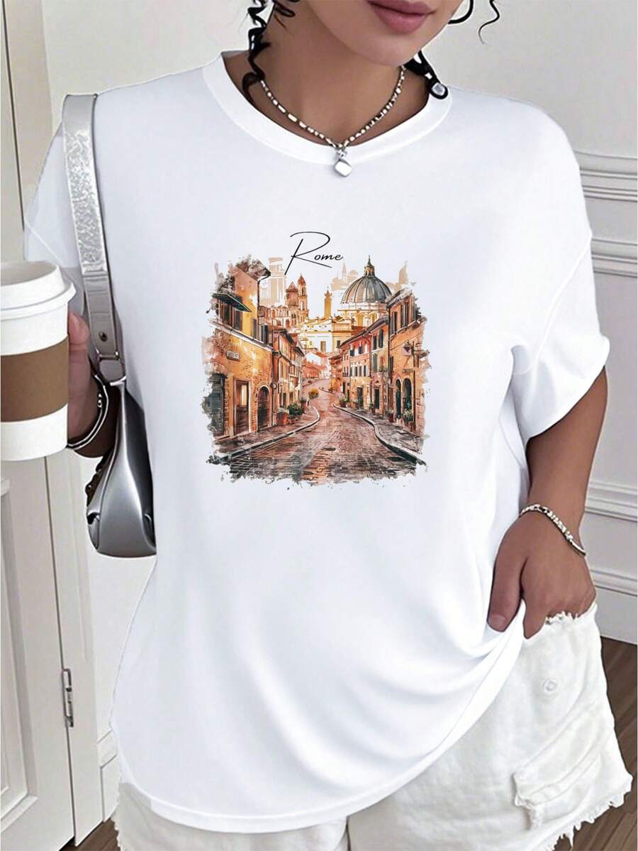 Retro Vintage Italy Roma Italia Italy-Shirt         Art Graphic Tees  Crop Tops Summer Outfits Women's-Shirt Summer Tops -Shirt - White - View 1