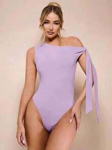Women's Bodysuit With Tie Bow And Asymmetrical Neckline, Sleeveless, Ideal For Romantic Dates, Casual, Vacation And Summer - 淡紫色 - 查看 2