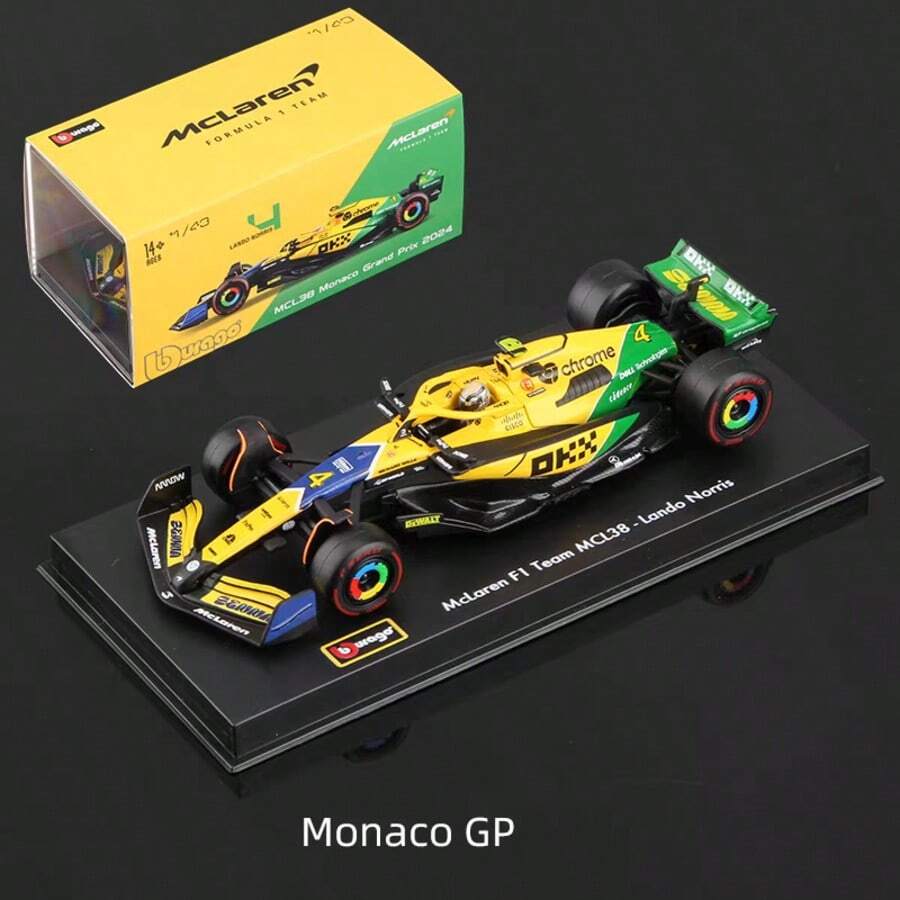 Burago 1 件 1:43 比例压铸 F1 系列 - 迈凯伦 F1 车队 MCL38 2024 年摩纳哥大奖赛，来自车手 #4 /车手 #81 Oscar Piastri，合金材料，逼真复制品，两种包装选择：带车手头盔模型的亚克力展示盒/普通纸板盒，收藏版汽车模型，赛车迷的高端礼物，万圣节、圣诞节、生日、家居装饰 - 多色 - 查看 1