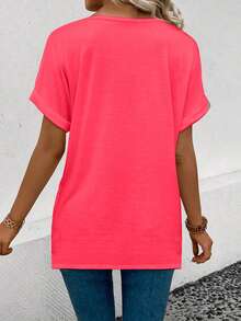 Casual Solid Color Batwing Sleeve T-Shirt, Summer - Hot Pink - View 5