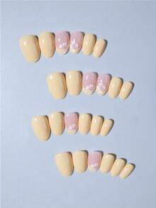 Elevate Your Style With , 24Pcs Short Oval Flowers And Yellow French Press On Nails Set , Macaron Candy Color Full Fit Acrylic Fake Nails, Contain 1pc Jelly Glue And 1pc Nail File, Suitable For Women And Girls'daily Work, Study, And Parties Use Nail Supplies - Multicolor - View 2