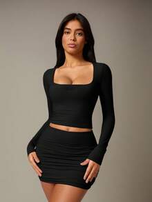 Vestă sport cu mânecă lungă, croială Slim Fit, cu guler pătrat, culoare solidă, pentru femei, toamnă și iarnă