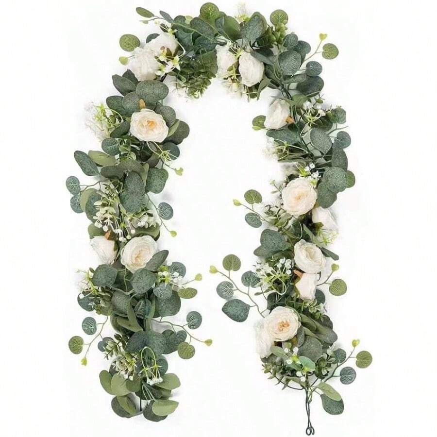 Artificial Eucalyptus Garland With Flowers Fake Rose Gypsophila Floral Garlands Greenery Garlands Floral Vines For Wedding Table Backdrop Party Centerpiece Room Decor White 6 FT