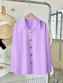 Camisa de mujer de cuello en V Freeform, elegante y versátil para primavera, verano, otoño e invierno, adecuada para ir al trabajo, negocios, casual y vacaciones, se recomienda elegir un tam - Púrpura claro - Ver 3