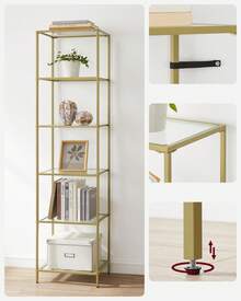 VASAGLE 6-Tier Glass Shelf, Bookshelf, Storage Rack, Tempered Glass, Easy Assembly, For Bathroom, Living Room, Bedroom, Office, Metallic Gold - Gold - View 7