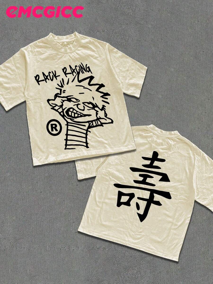 EMCGICC Y2k,RACK RACING,Men's Summer Short Sleeved Pure Cotton Comfortable And Breathable Casual Outdoor Street Round Neck T-Shirt, A High-Quality Fashion Brand, A Surprise Gift For Family And Friends. - 米色 - 查看 1