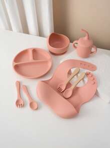 1pc/2PCS/8PCS Children Custom Silicone Tableware Set Personalized Customization Name And Pattern Kids Dinner Set Portable Utensils Adjustable Bib Sucker Bowl Plate Sippy Cup Print On Demand Toddler Meal Tray,Halloween Edit,Back To School Fashion,Christmas Gift