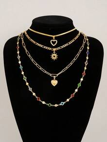 4 件时尚优雅金色心形彩色水钻项链，Y 形多层项链，是度假、约会、派对、生日送给女性的完美礼物 - 金黃色 - 查看 4