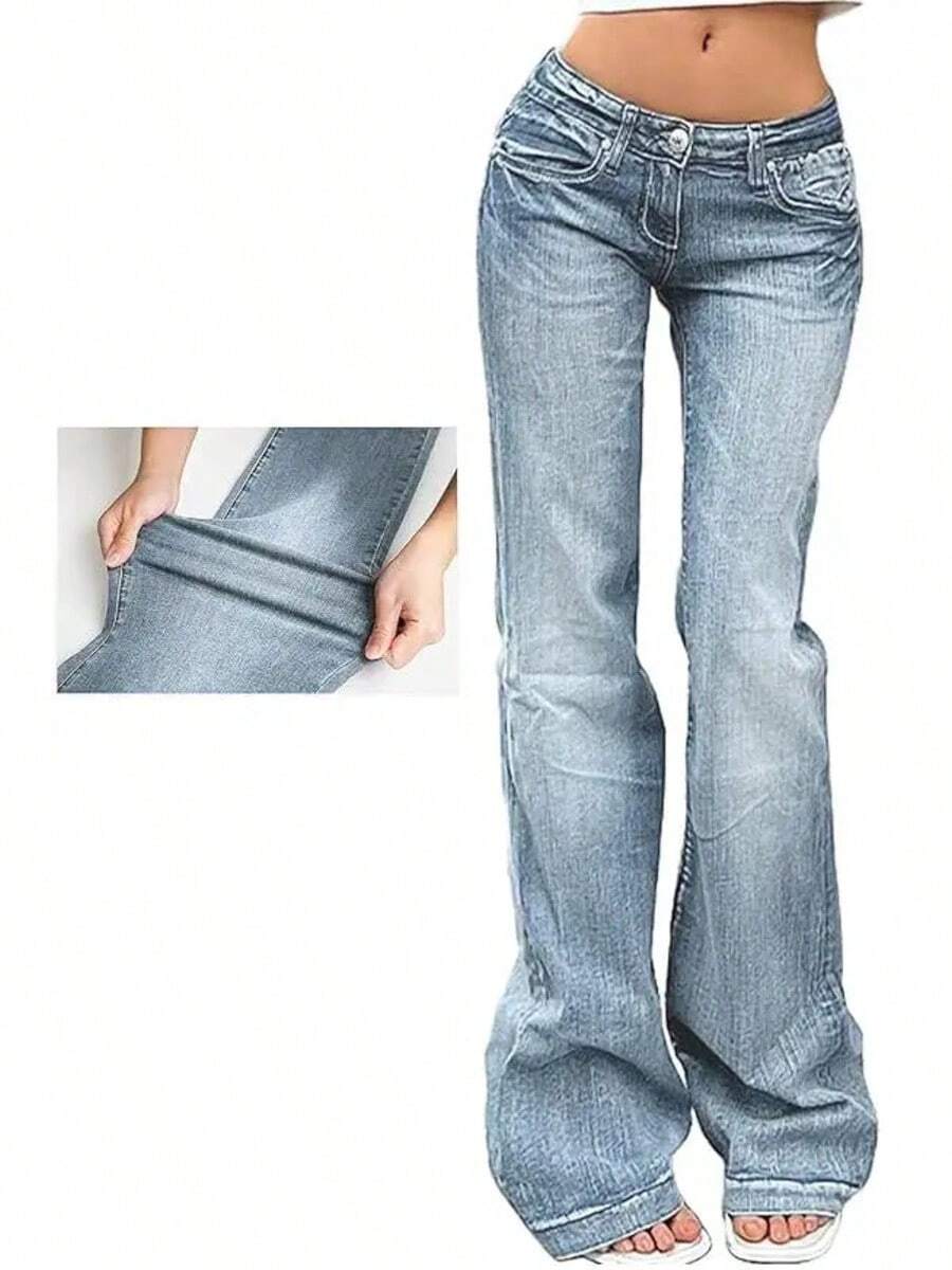 New Fashion Womens Denim Flare Leg Jeans 90s Low Rise Vintage Pants Club Street Style Hot  S M L - D - 查看 1