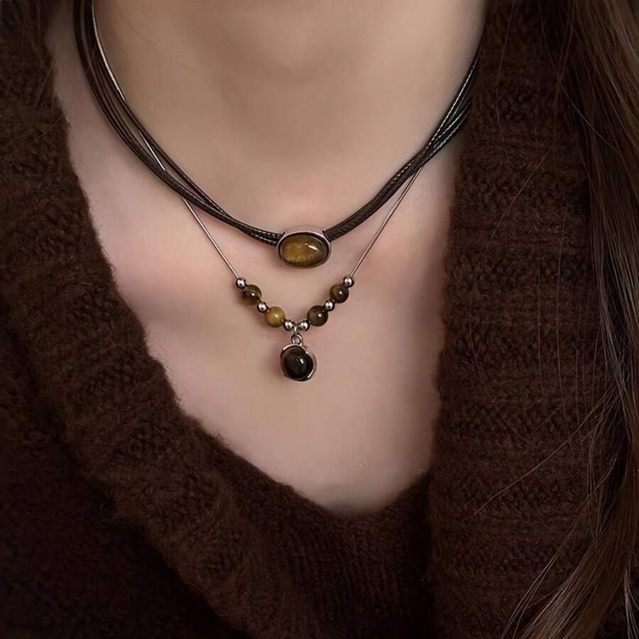2pcs Vintage Tiger Eye Stone Necklace, Layered Leather Cord Design, Elegant For Daily Wear, Chic For Party, Delicate Focal Point On Collarbone