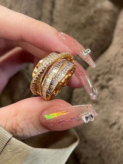 1 件奢华多层环绕开口戒指，镶嵌锆石，简约时尚高端个性化可调节百搭戒指
