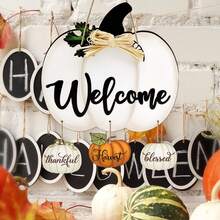 Cartel de bienvenida con calabaza blanca y adornos colgantes de cosecha agradecida, perfecto para la decoración del hogar de otoño, Halloween y estilo de granja, decoración de pared y puerta