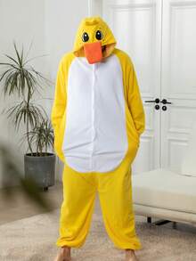 Adult Men's Duck Velvet Cartoon One-Piece Pajamas, Autumn And Winter Thickened Animal One-Piece Pajamas, Hooded Velvet Warm Home Clothes, Halloween Costumes, Christmas Role-Play Party Costumes - Yellow - View 4
