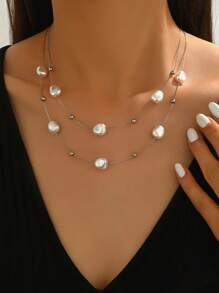 Colar de aço inoxidável com pérolas de dupla camada, 1 peça, adequado para roupas diárias femininas e presentes