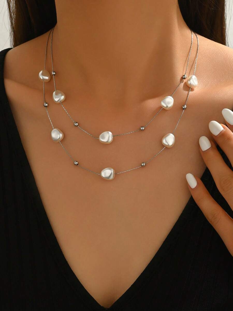 Colar de aço inoxidável com pérolas de dupla camada, 1 peça, adequado para roupas diárias femininas e presentes